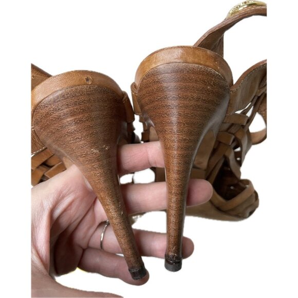 Tory Burch Nadia Brown Woven Leather Huarache Sandals Heels Size 9M Logo - Picture 8 of 10